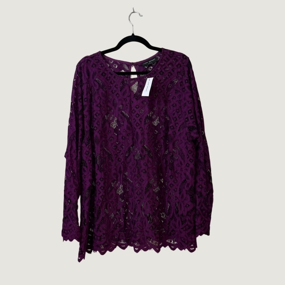 Lane Bryant Plum Lace Long Sleeve Blouse Sheer Scalloped Top Romantic Sz 20